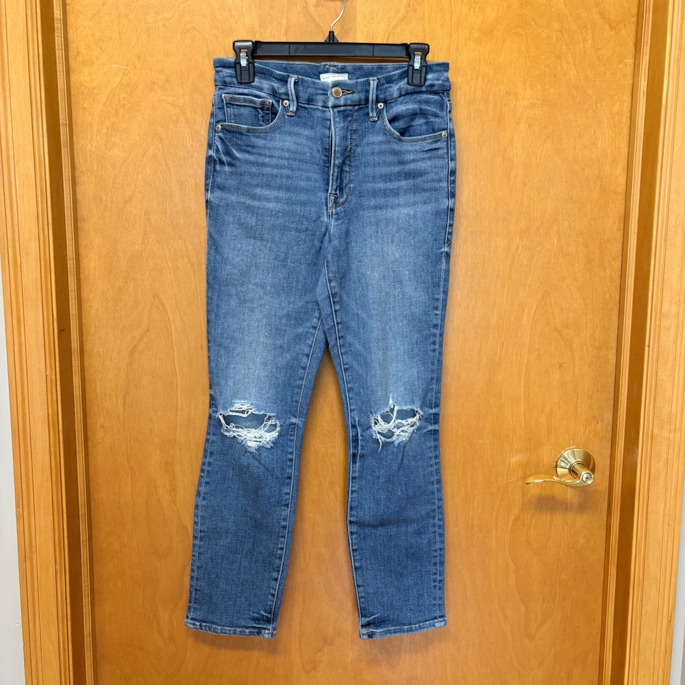 Good American Skinny Jeans Women 6/28 Blue Distressed Knee High Rise GLC1380T